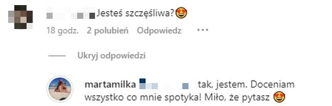 Marta Milka, odpowiedź na Instagramie