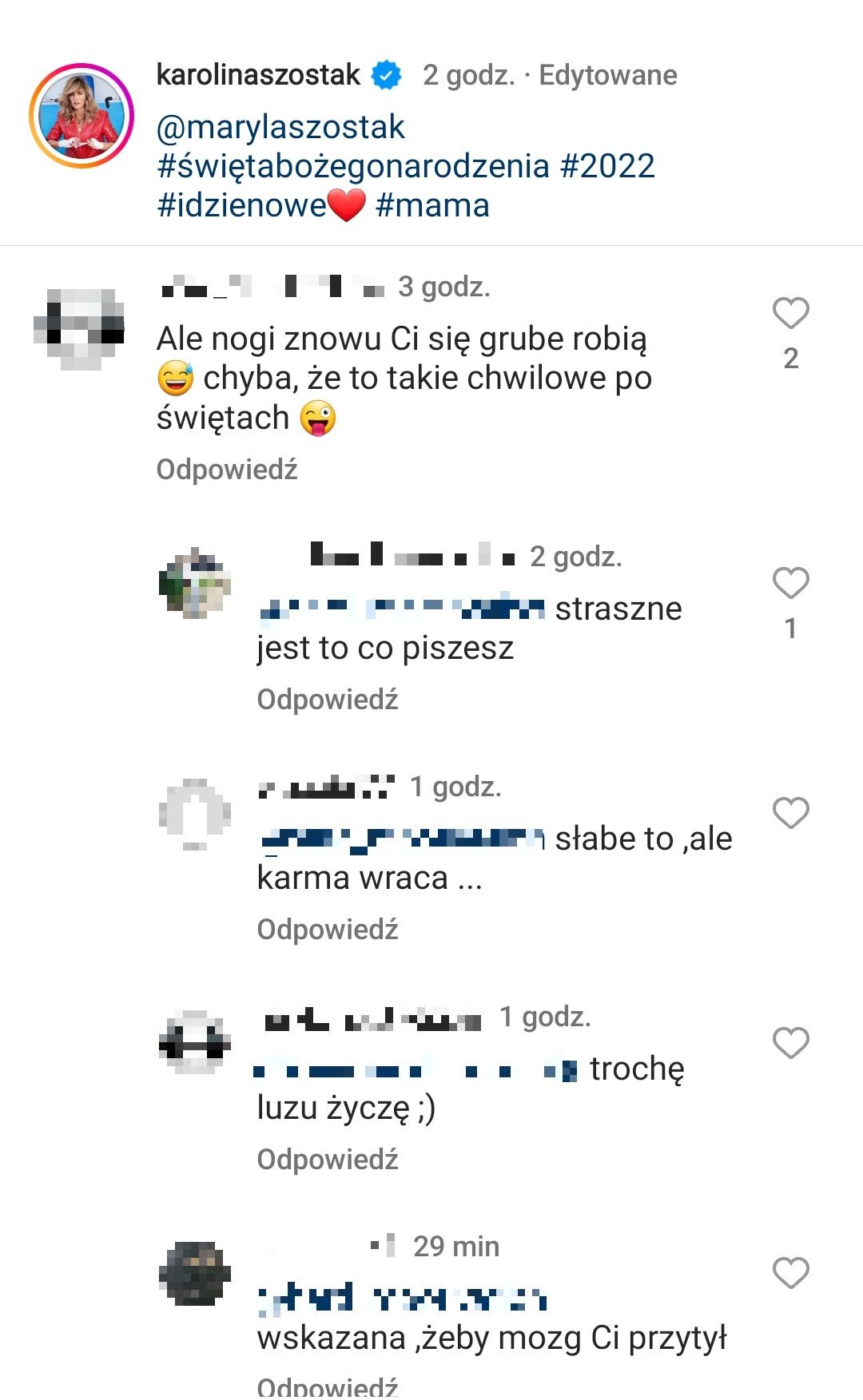 Karolina Szostak, komentarze na Instagramie