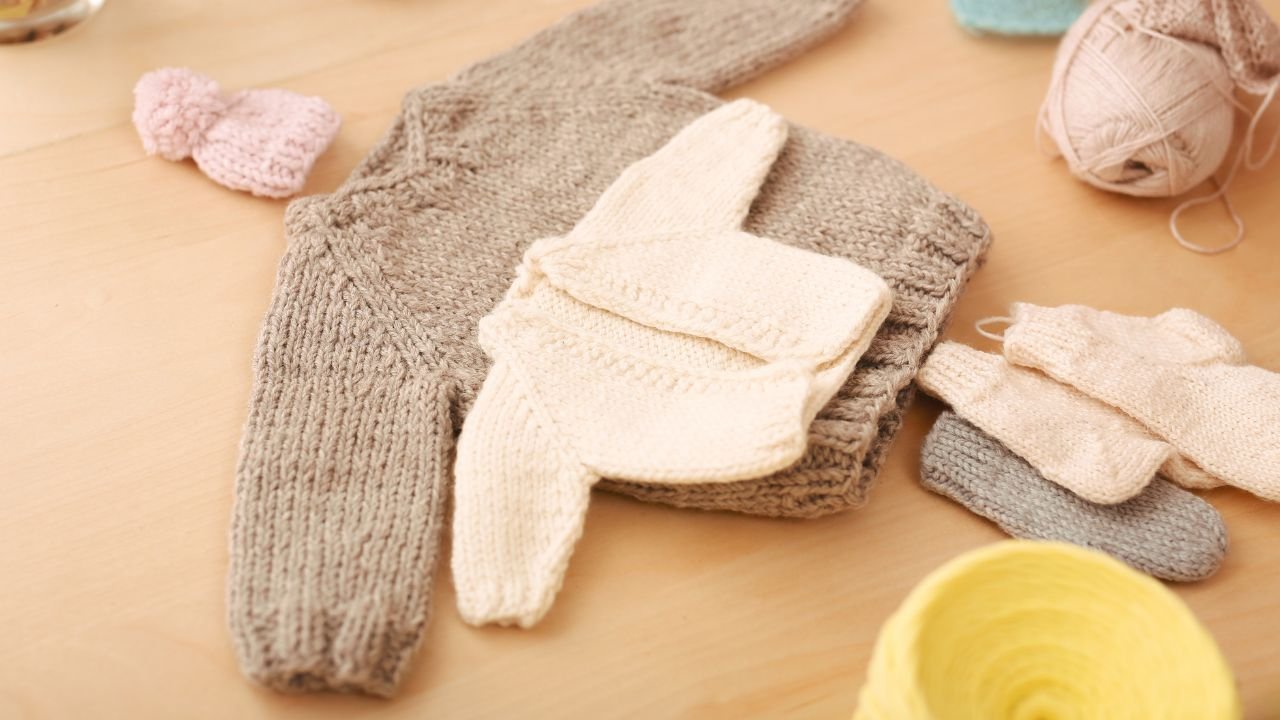 szare i białe ubranka z włóczki leżące na żółtym tle