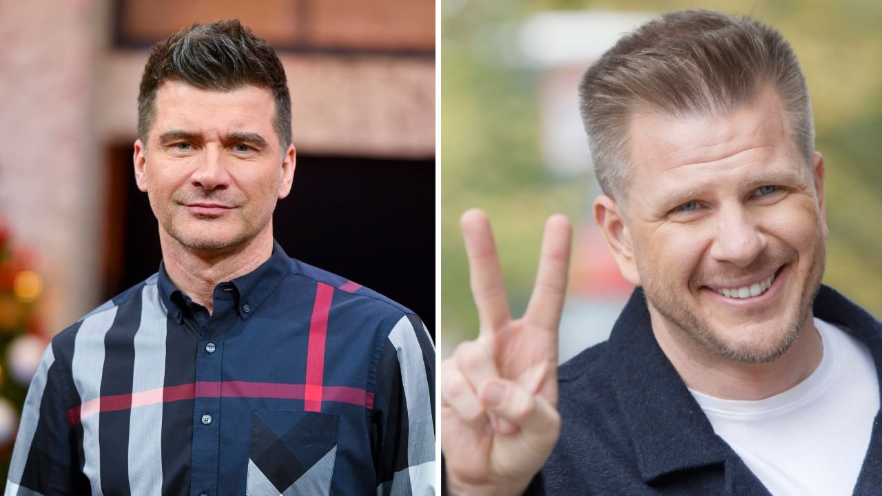 po lewej stronie Tomasz Kammel w kraciastej koszuli, po lewej stronie Filip Chajzer w czarnej koszuli