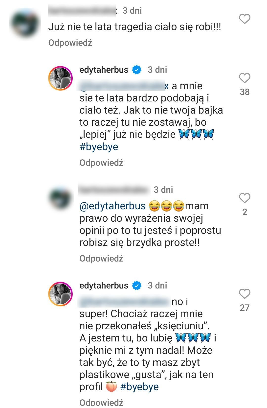 Edyta Herbuś, komentarze na Instagramie