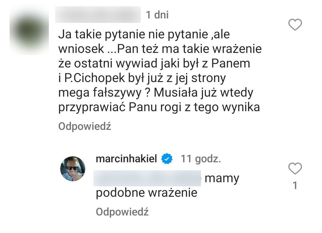 Marcin Hakiel, komentarz na Instagramie o zdradzie Katarzyny Cichopek