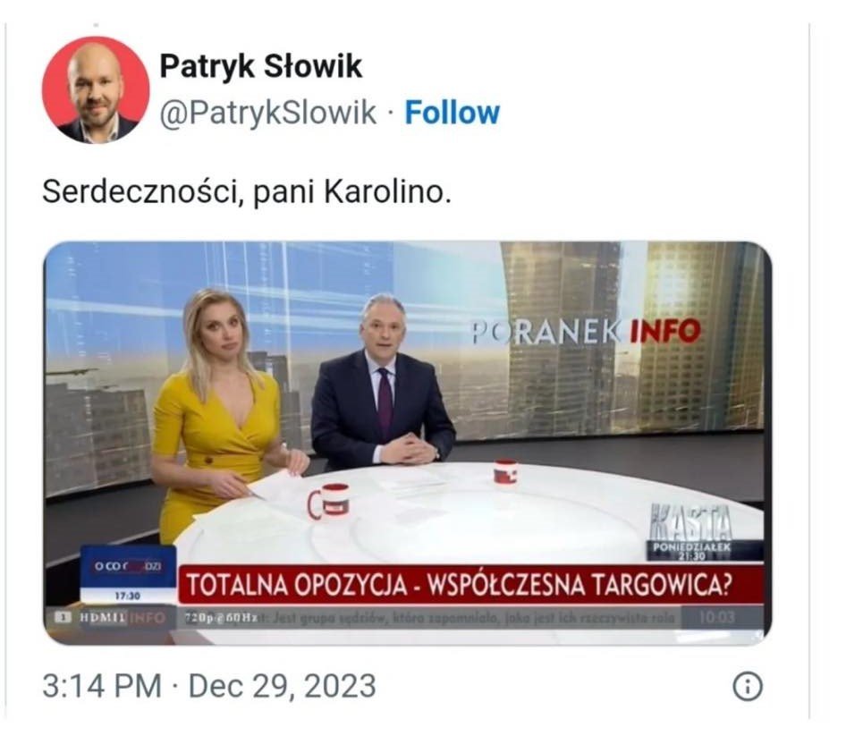 screen z programu TVP prowadzonego przez K. Zajączkowską, na dole ekranu pasek "Totalna opozycja - wspólczesna Targowica?"