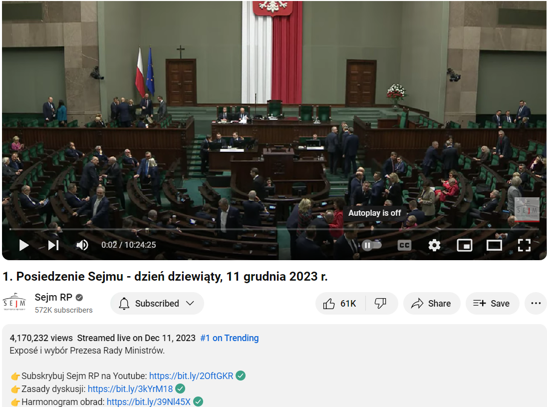 obrady Sejmu, 11 grudnia na Youtube