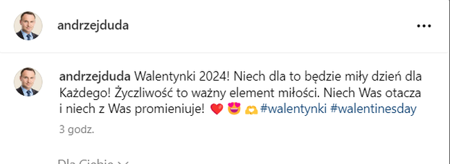 Andrzej Duda, wpis na Instagramie, Walentynki 2024