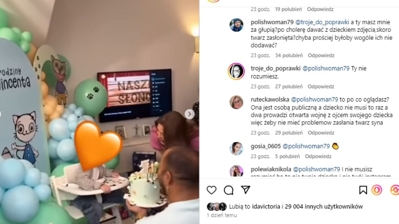 Kadr z urodzin synka Joanny Opozdy. Obok komentarze z Instagrama - screen