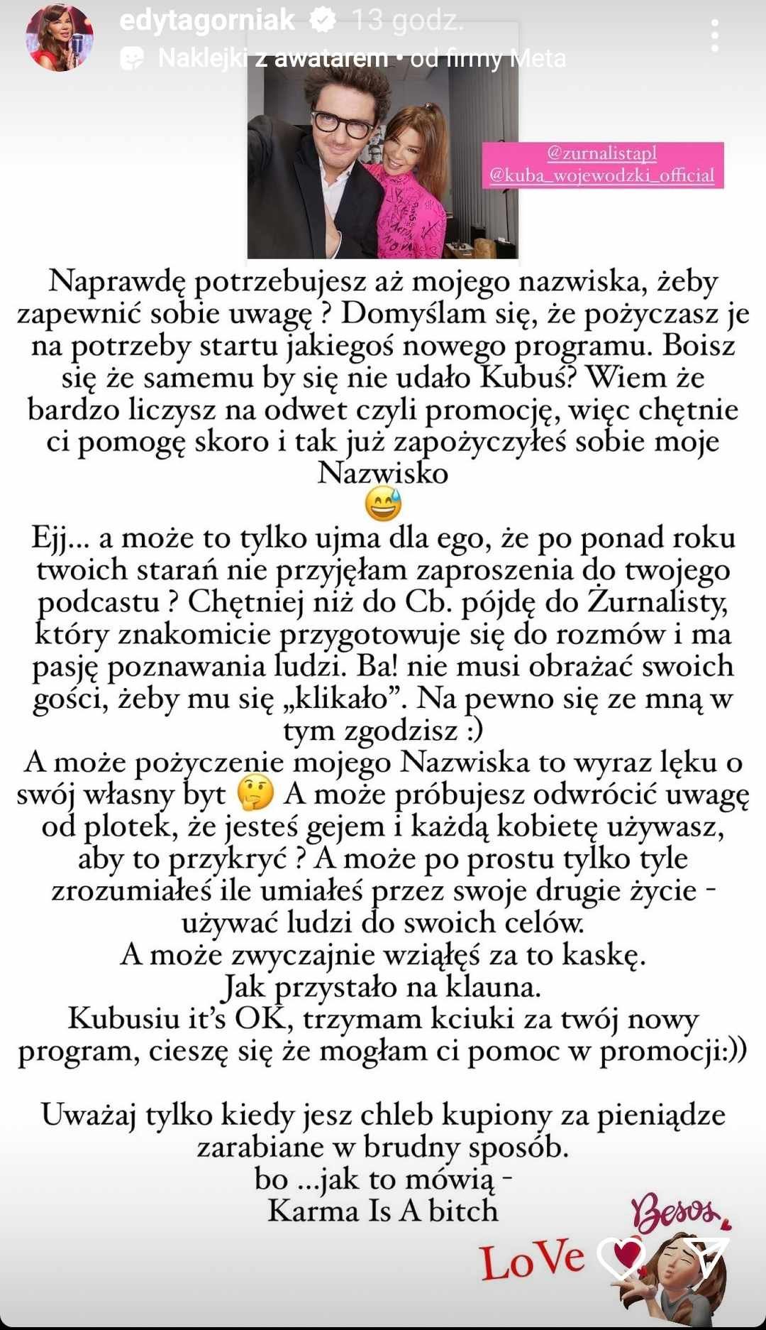 Story Edyty Górniak biała kartka czarny napis