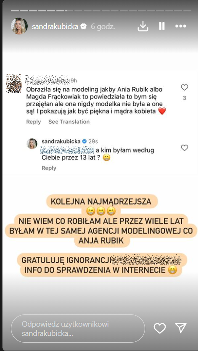 Sandra Kubicka, odpowiedź na Instagramie o modelingu