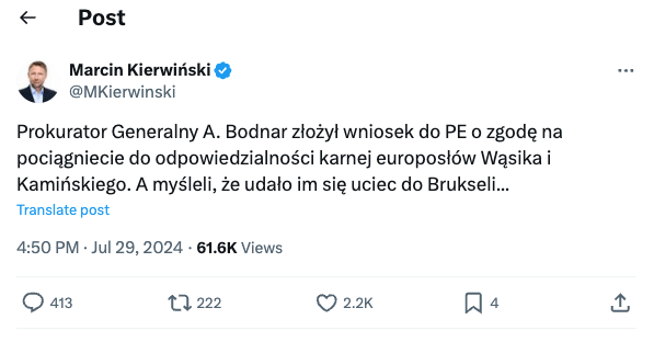 Status Marcina Kierwińskiego na Twitterze