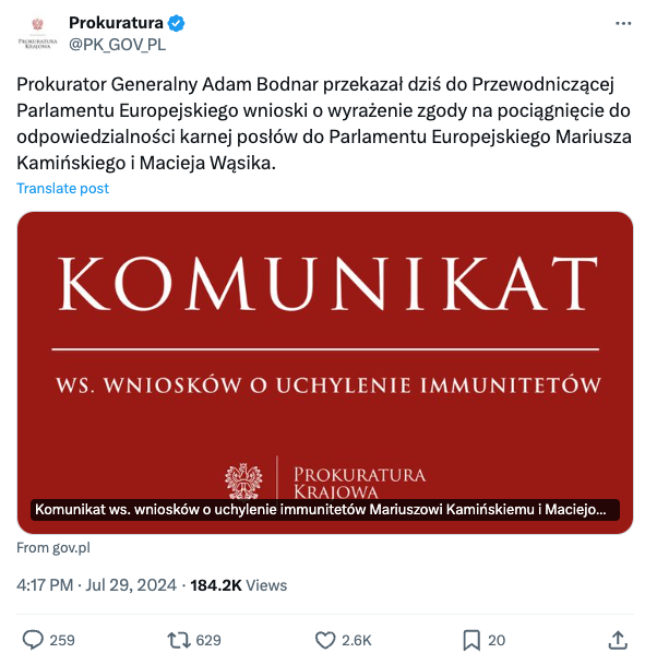 Status Prokuratury Krajowej na Twitterze