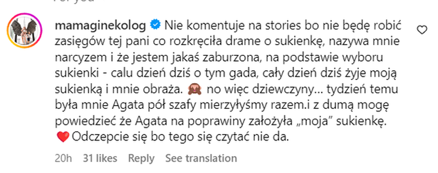 Wpis Mamy Ginekolog na Instagramie o białej sukience