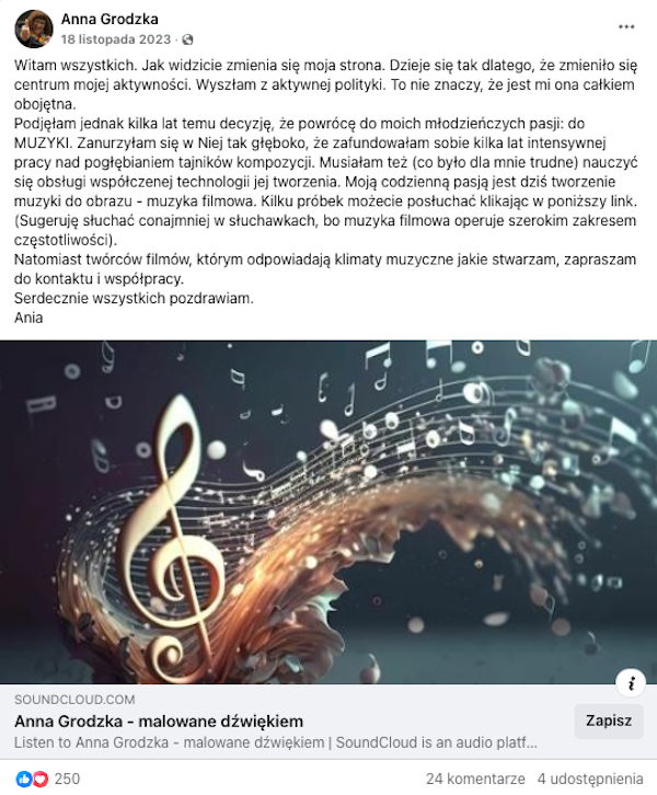 Post Anny Grodzkiej na Facebooku - zrzut ekranu