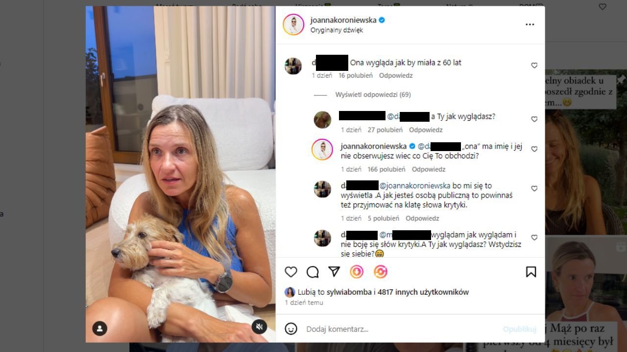 Wymiana zdań między Joanną Koroniewską a instagramowiczem - screen