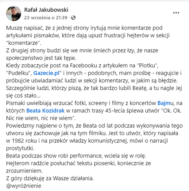 Rafał Jakubowski o Beacie Kozidrak