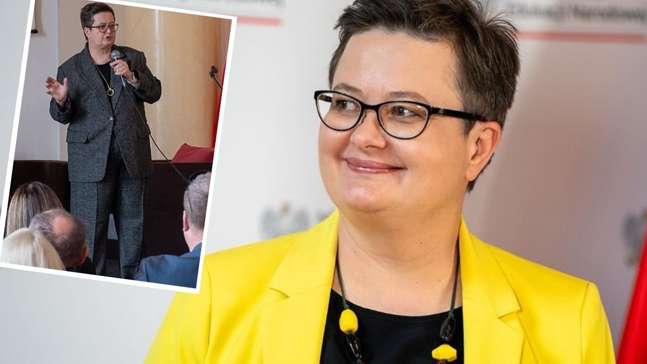 Katarzyna Lubnauer żółtej marynarce i w szarym garniturze, mem