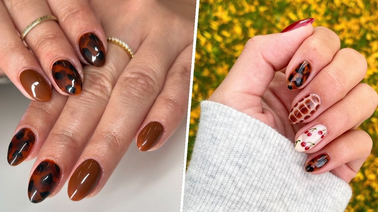 Tortoise shell nails paznokcie inspirowane skorupą żółwia. To gorący trend na październik 2024