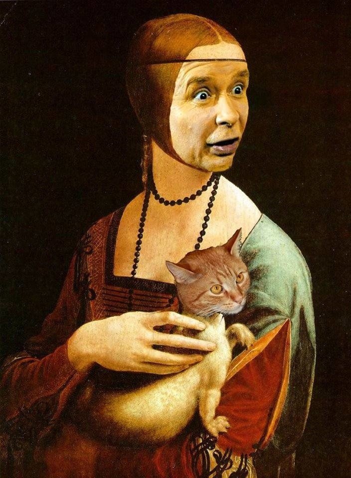 Fotomontaż z obrazu, Jarosława Kaczyńskiego i kota.