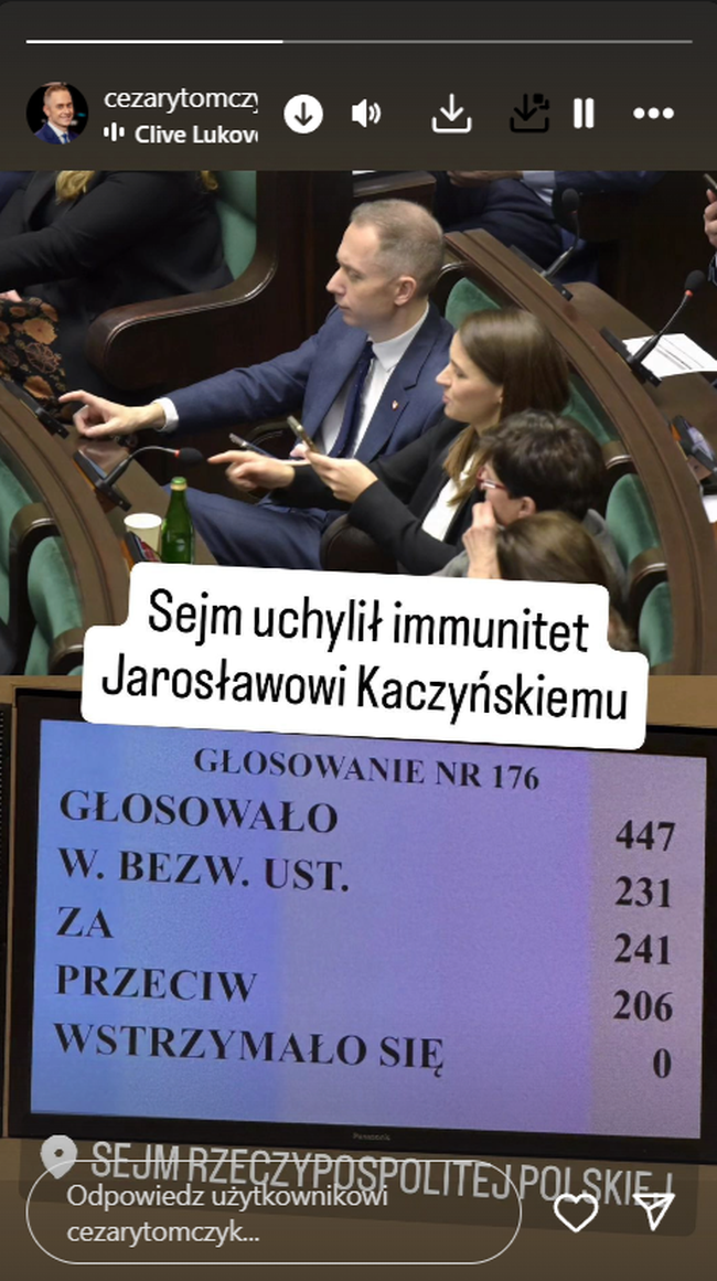 wynik głosowania w sprawie uchylenia immunitetu Jarosławowi Kaczyńskiemu