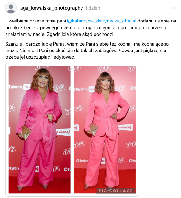 Post na temat retuszowania zdjęć przez Katarzynę Skrzynecką