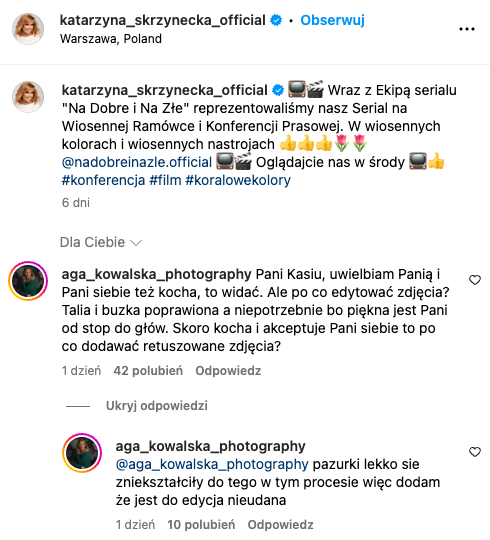 Komentarze na Instagramie Katarzyny Skrzyneckiej