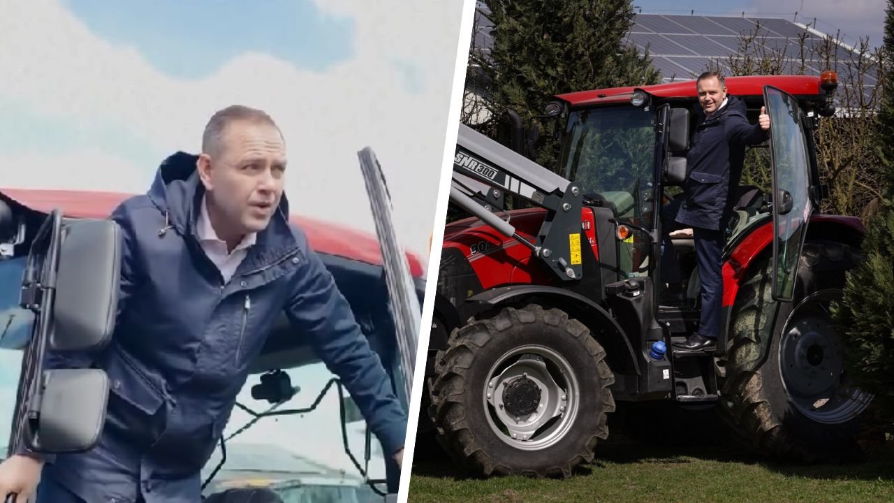 Karol o dwóch twarzach wskoczył na ciągnik-koparkę [wideo]. Fani wytknęli mu jedną istotną rzecz [memy]
