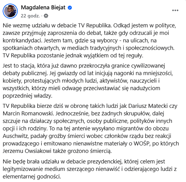 Magda Biejat, wpis na Facebooku o TV Republika