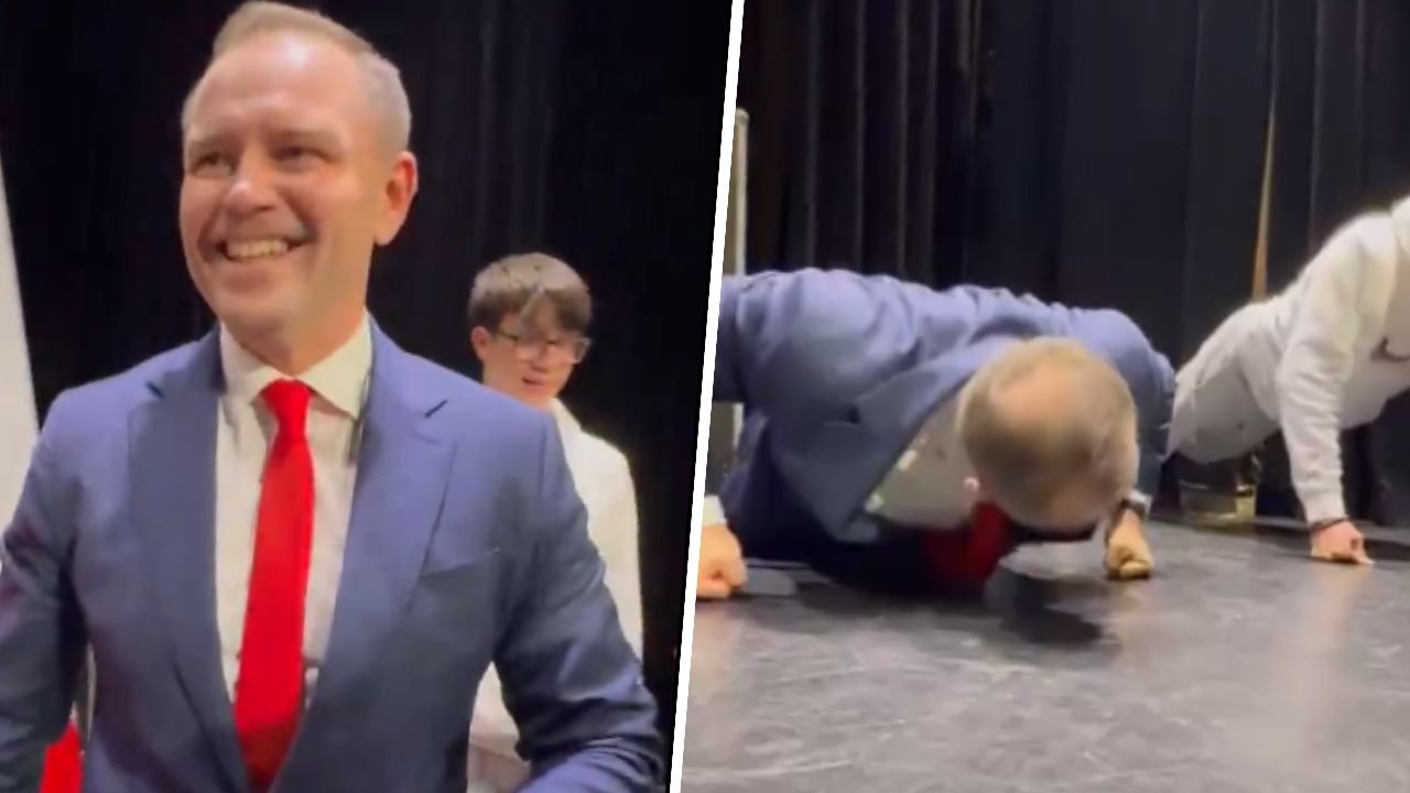 Karol stara się, jak może, by podnieść wynik zaufania Polaków. W tym celu robi pompki — w garniturze [wideo]