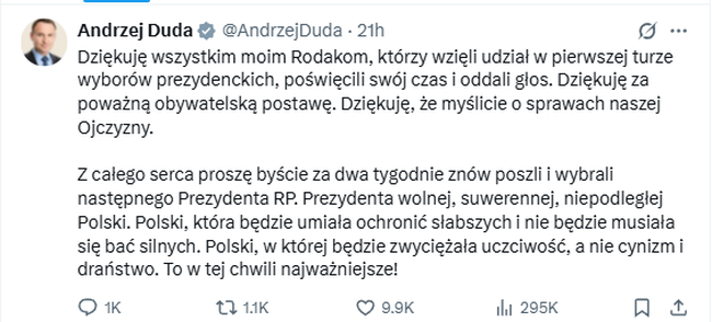 Andrzej Duda, wpis na X o wyborach