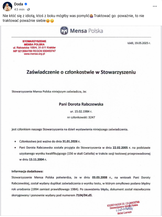 Zaświadczenie Dody - Mensa