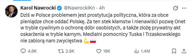 Karol Nawrocki, wpis na X