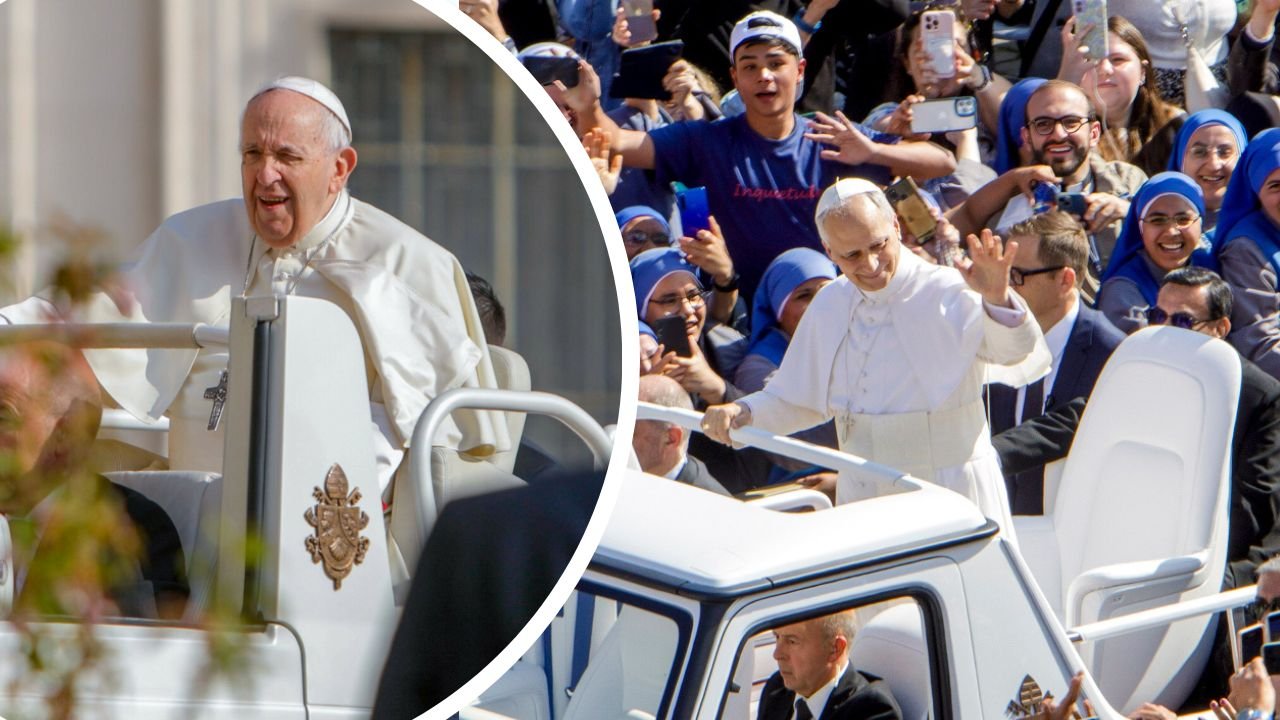 Papież Franciszek w samochodzie ubrany na biało i Leon XIV w samochodzie ubrany na biało