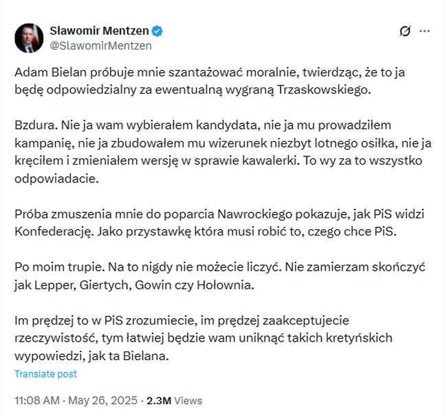 Sławomir Menzten, wpis na X