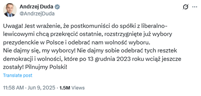 Andrzej Duda, wpis na X