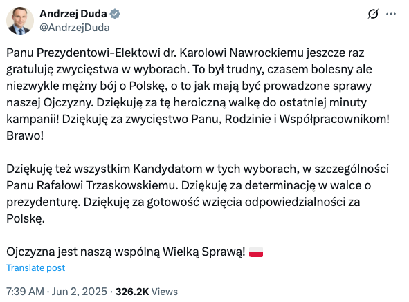 Wpis Andrzeja Dudy na portalu X