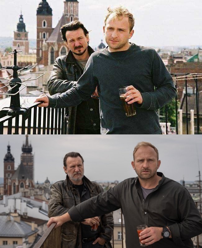 Zestawienie kadrów z filmów Vinci i Vinci 2 - Borys Szyc i Robert Więckiewicz w scenie na dachu