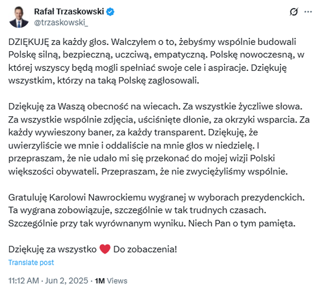 Rafal Trzaskowski, wpis na x