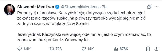 Sławomir Mentzen, wpis na X o Kaczyńskim