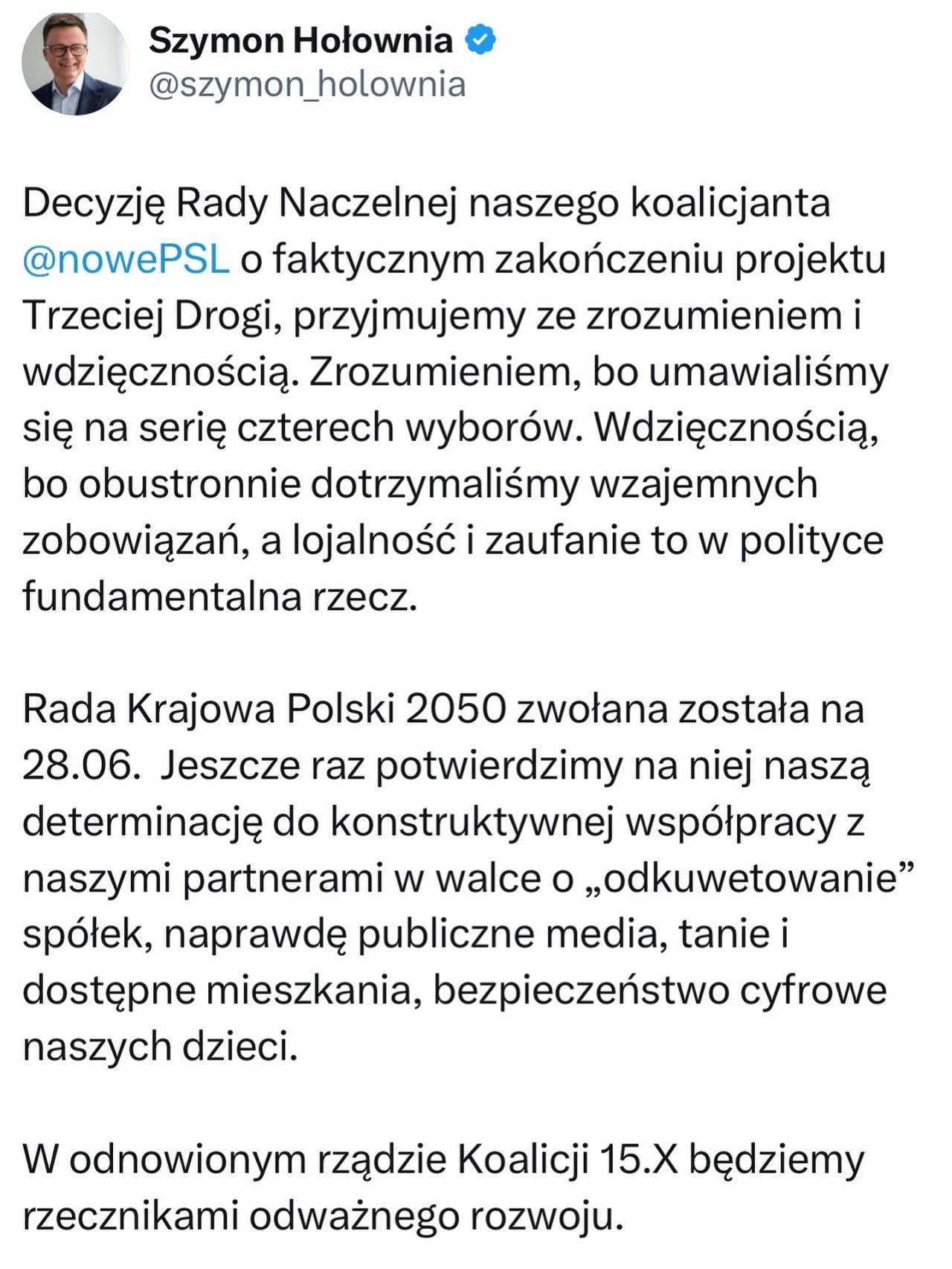 Szymon Hołownia, wpis na X