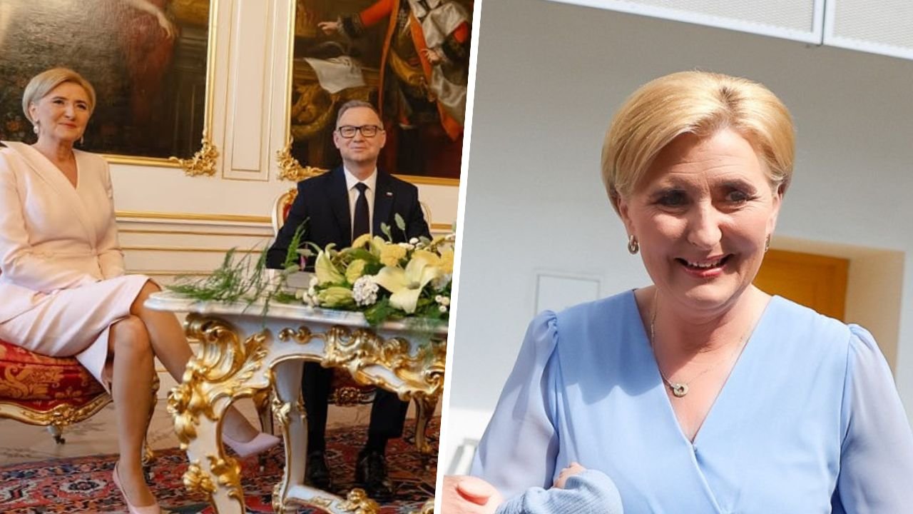 Agata wystroiła się na ostatnią podróż jako first lejdi. W niebieskiej sukience wyglądała o niebo lepiej, niż na ślubie Kingi