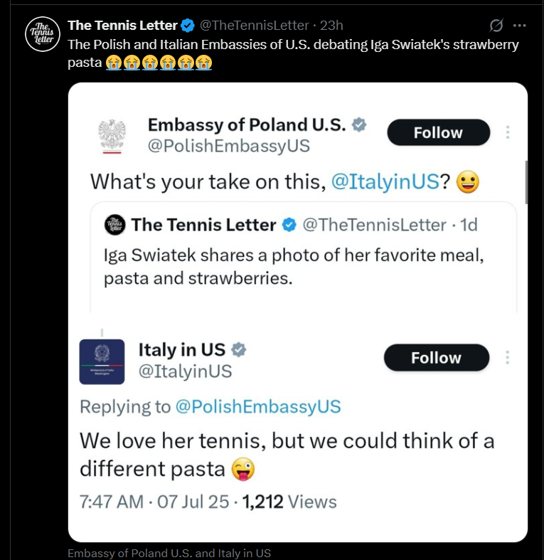 Wymiana zdań o makaronie z truskawkami między polską a włoską ambasadami w USA