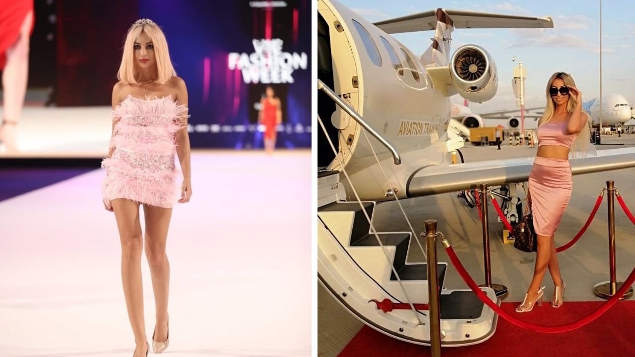 Jola Rutowicz współcześnie w różnych stylizacjach na pokazie mody i w czasie wakacji przy samolocie