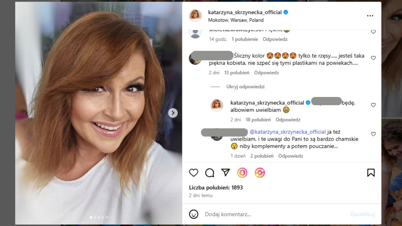 Screen z Instagrama: Katarzyna Skrzynecka uśmiechnięta. Obok komentarze do posta