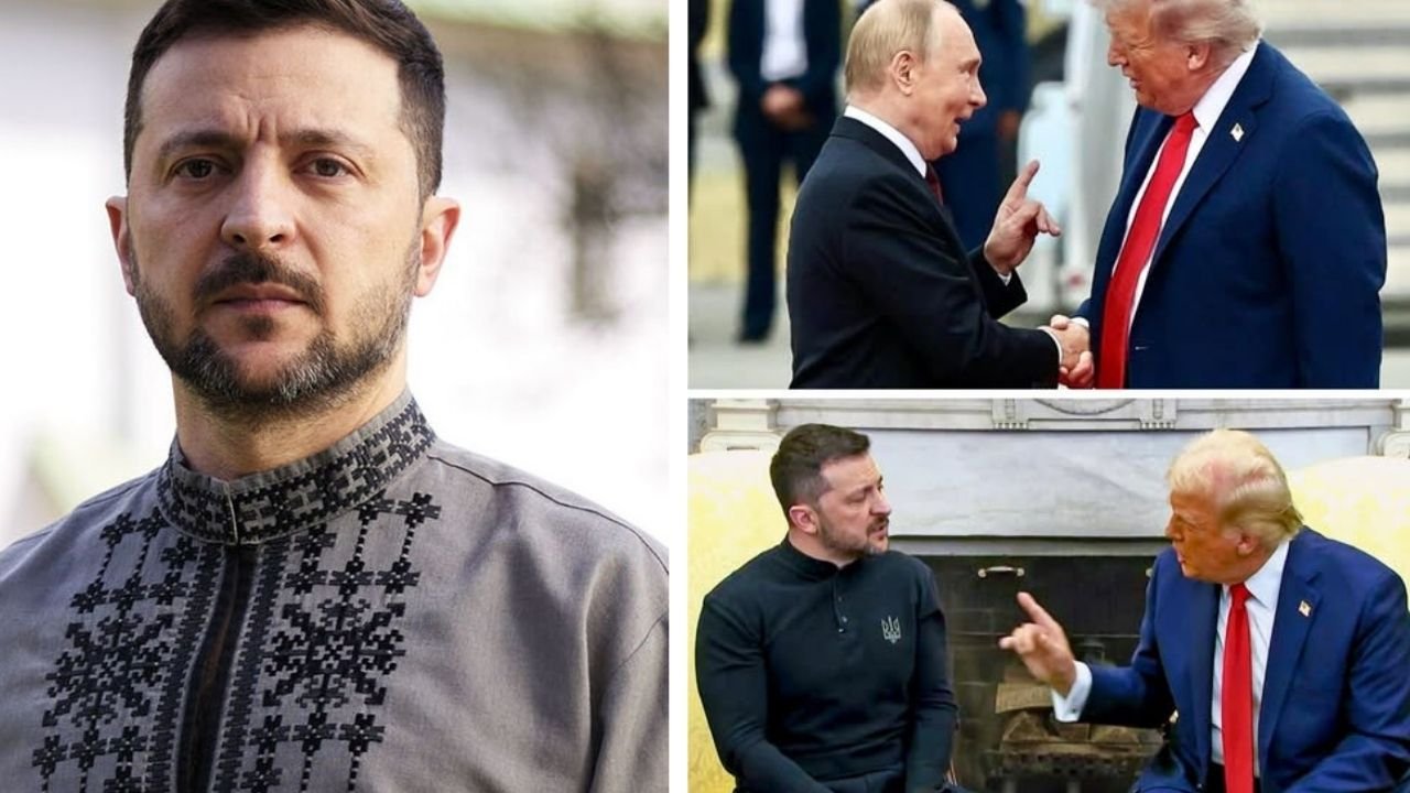 Wołodymyr Zełnski - portere w ukraińskiej koszuli; Donald Trump i Wladymir Putin mem