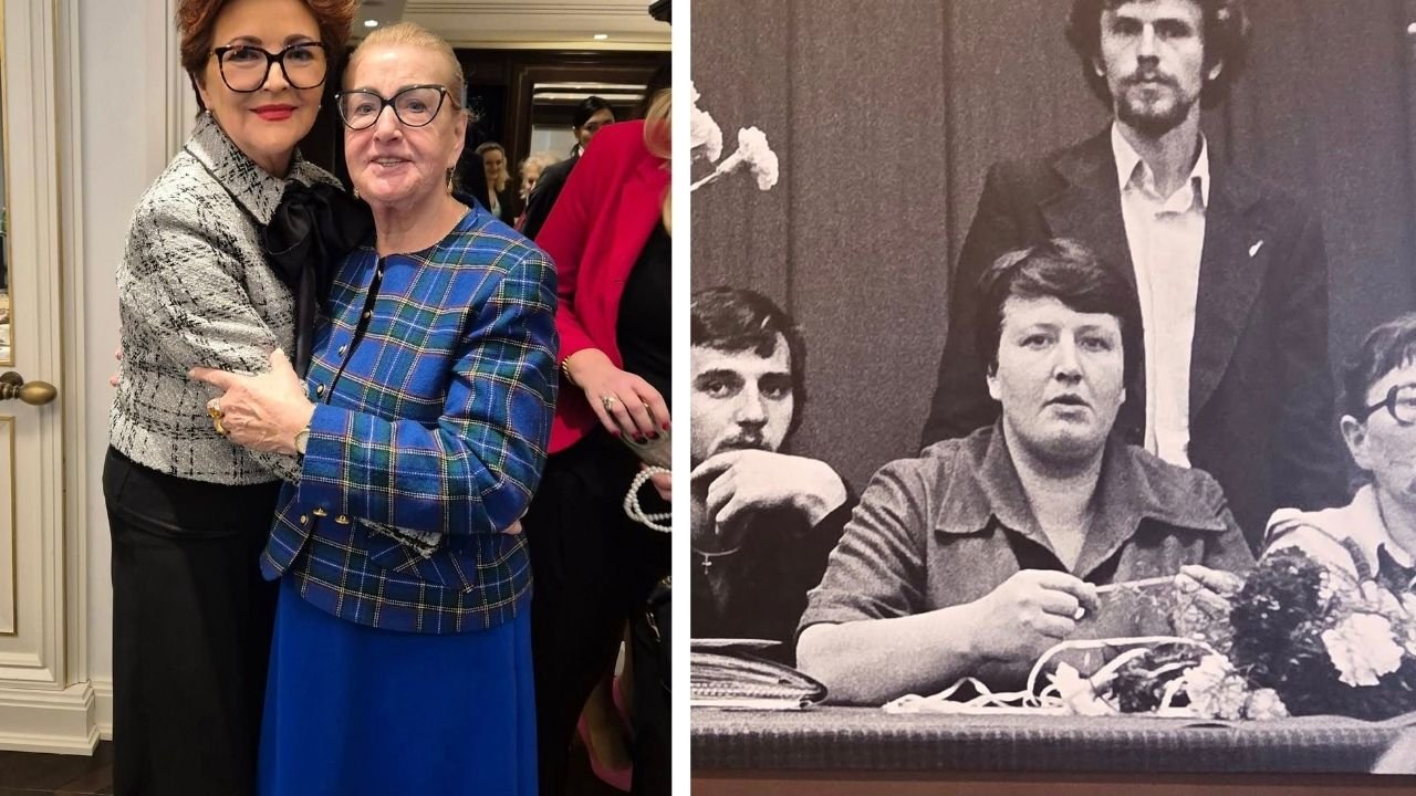 Henryka Krzywonos-Strychalską z Jolantą Kwaśniewską oraz na zdjęciu archiwalnym z podpisywania Porozumień Sierpniowych