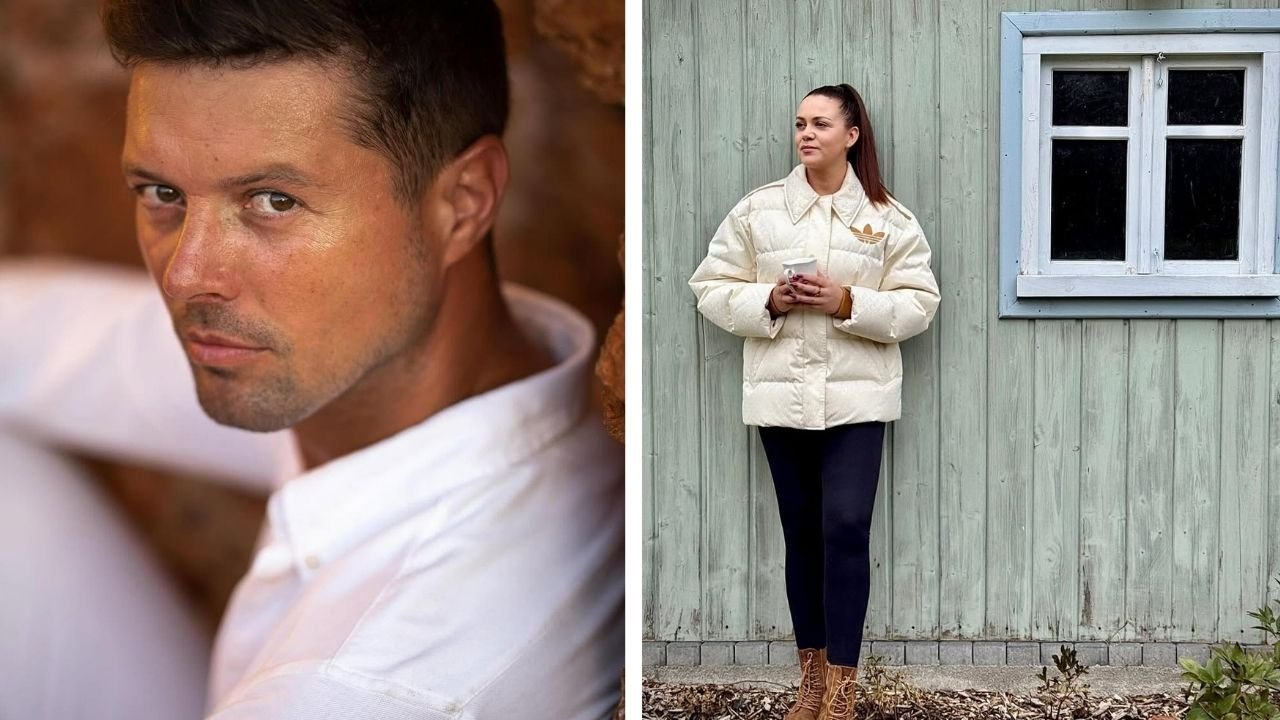 Maciej Szczepanik Pectus zbliżenie na twarz; Dominika Gawęda Blue Cafe z kubkiem w dłoni w białej kurtce stoi pod zieloną ścianą drewnianego domu