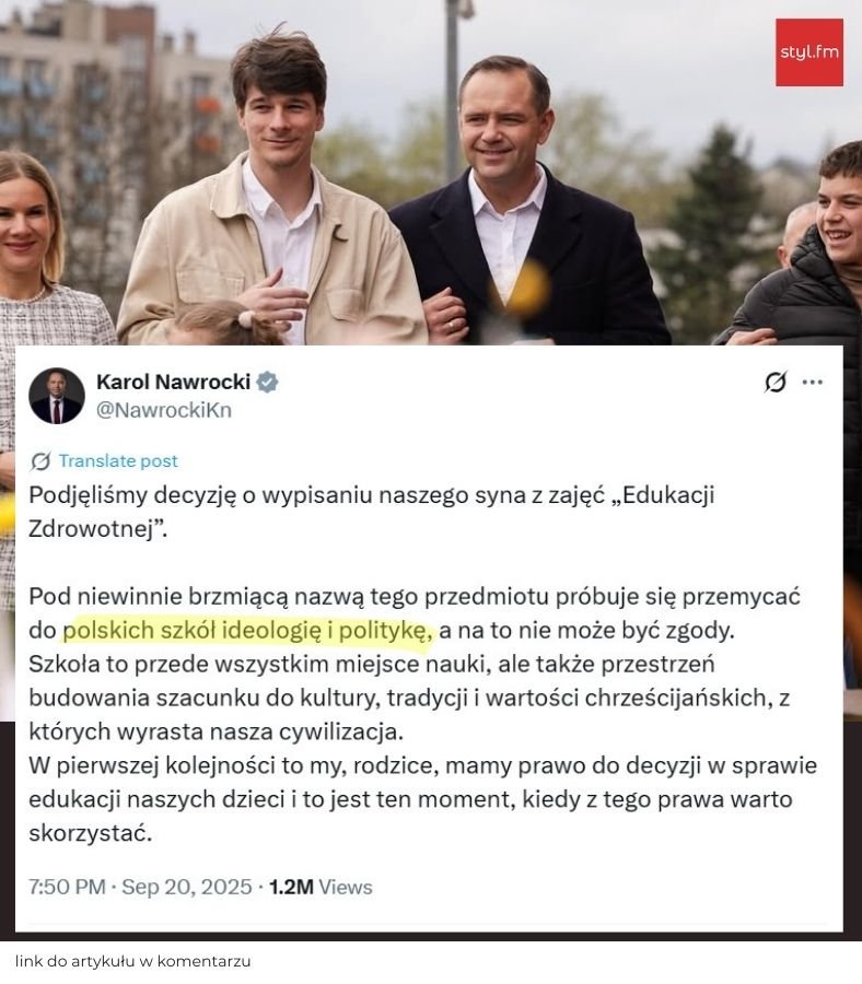 X Karola Nawrockiego o wypisaniu syna Antoniego z zajęć edukacji zdrowotnej na tle rodzinnego zdjęcia Nawrockich