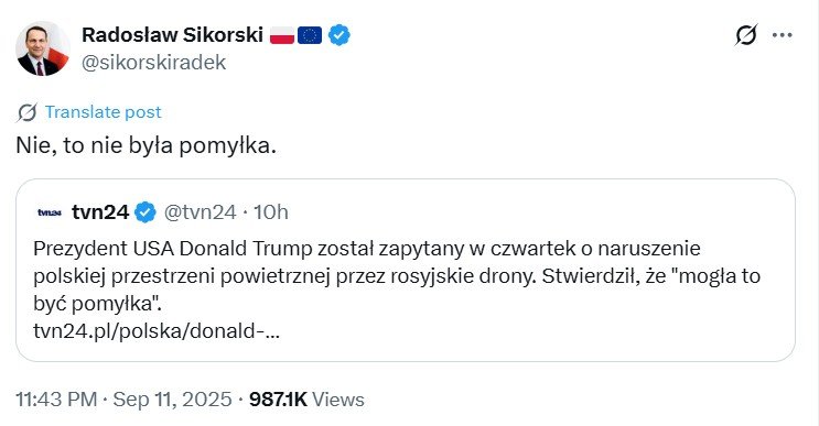 X Radosława Sikorskiego w odpowiedzi na słowa Donalda Trumpa o "pomyłce"