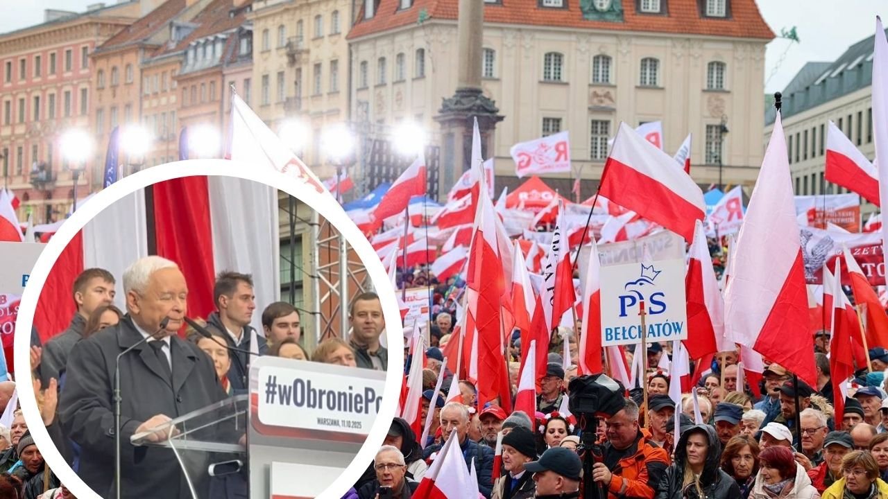 Tłum na marszu W obronie Polski. Jarosłąw Kaczyński w trakcie przemówienia