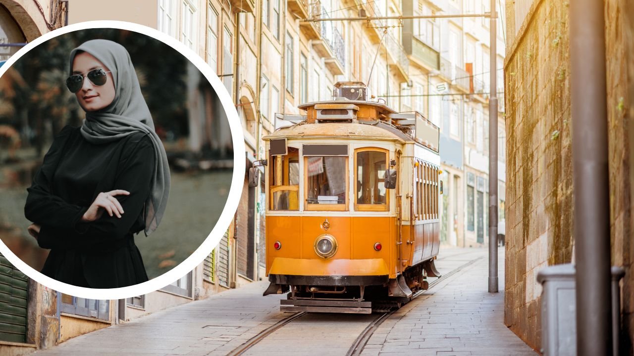 Tramwaj w Lizbonie, Portugalia; kobieta w okularach przeciwsłonecznych z włosami zakrytymi chustą