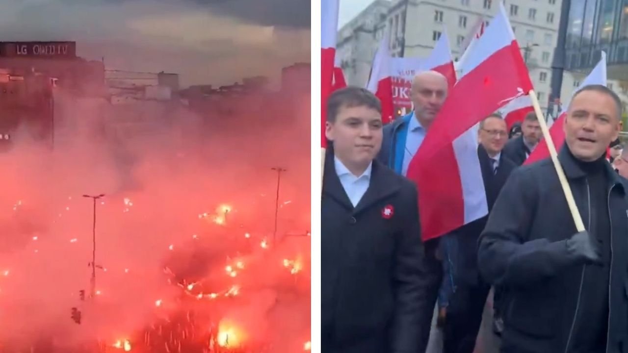Karol Nawrocki z synem Antoni na Marszu Niepodległości 2025; czerwone race na marszu niepodległości